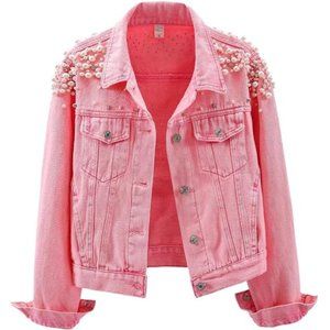 Women's Embroidered Rivet Pearl Short Denim Jacket Coat Pink